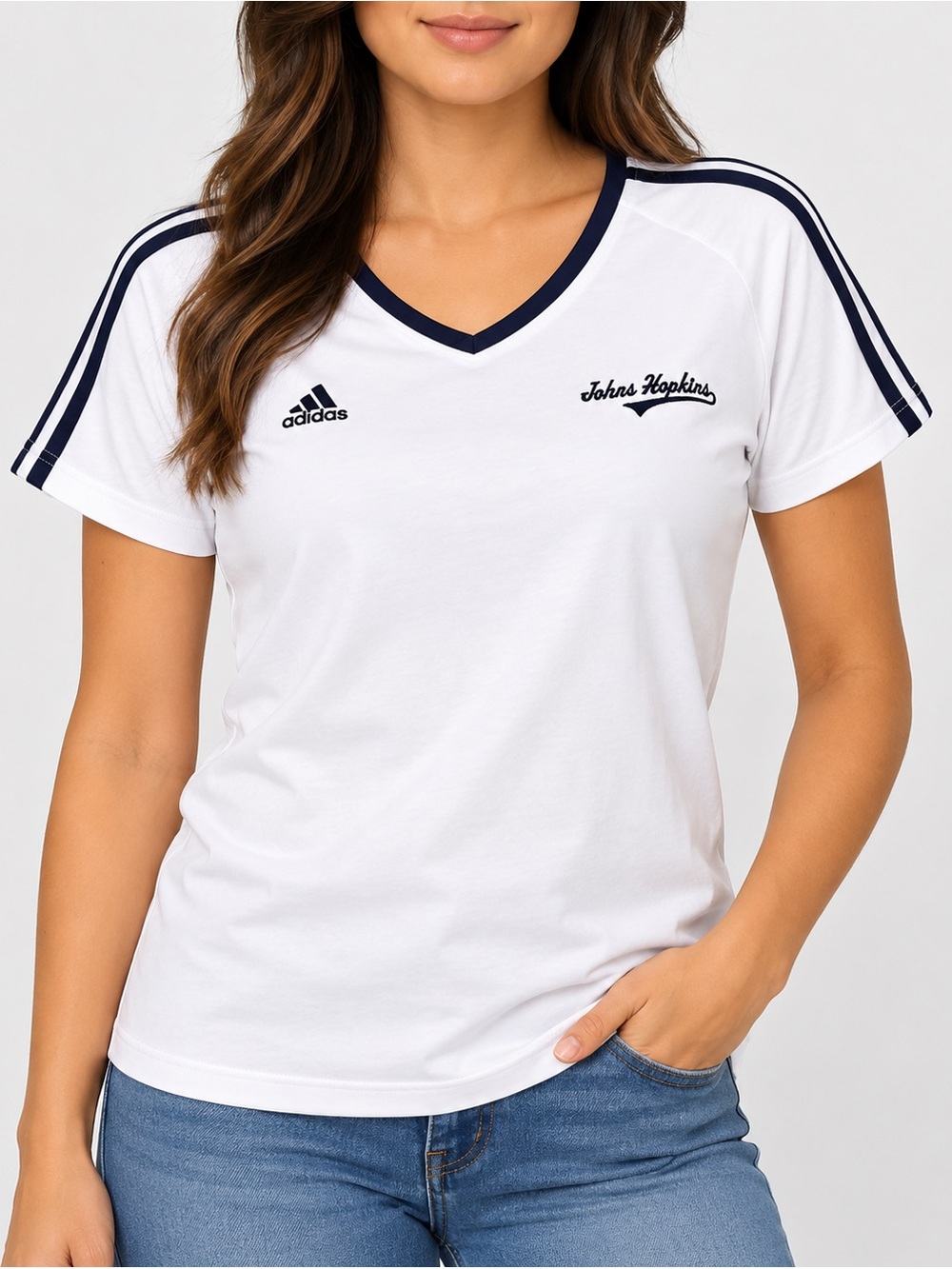 Adidas Johns Hopkins Women’s White/Navy V-Neck T-Shirt Size Small
